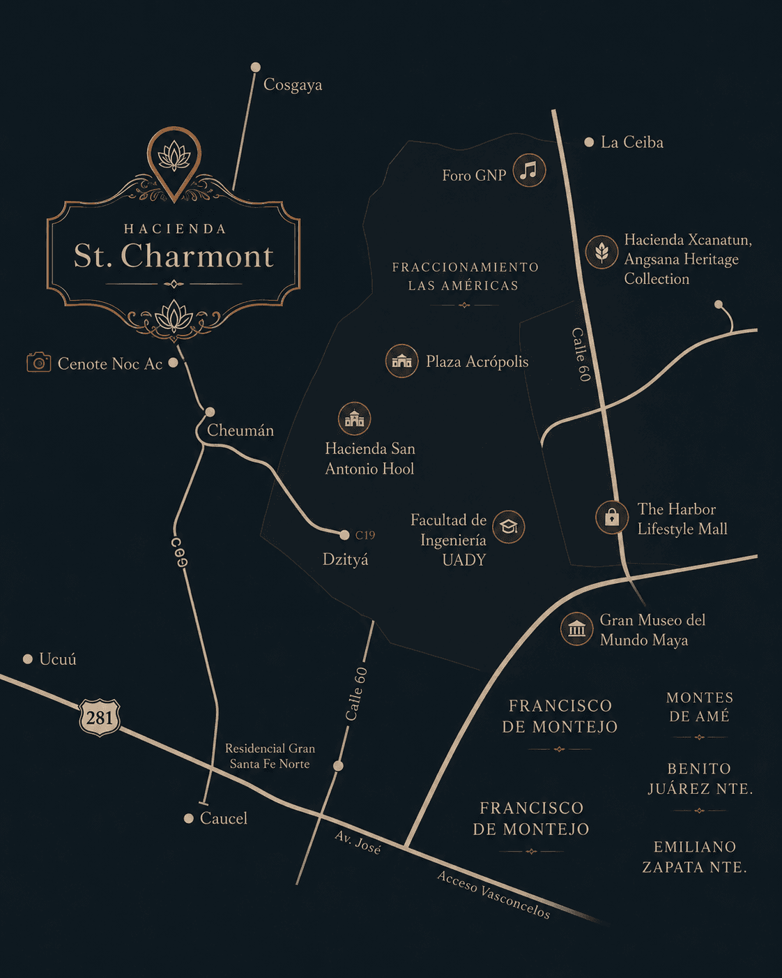 Mapa de la ubicacion de St. Charmont en Yucatan