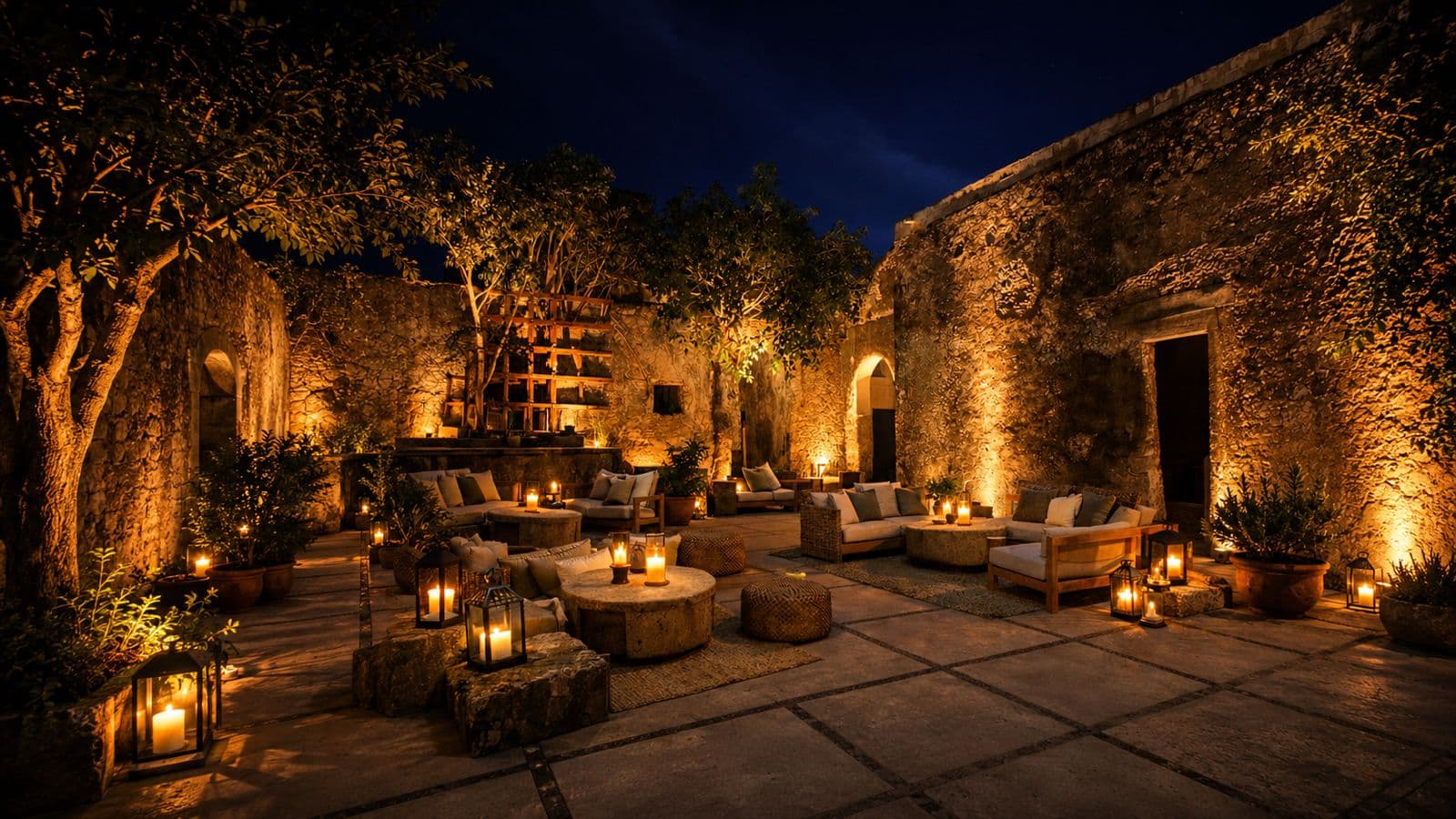 Patio nocturno con velas en la hacienda de St. Charmont
